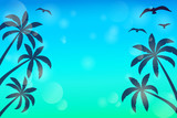 Shiny template with palms and seagulls. Summer concept. Vector.