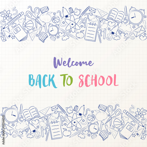 Welcome back to school - poster with hand drawn elements. Vector.