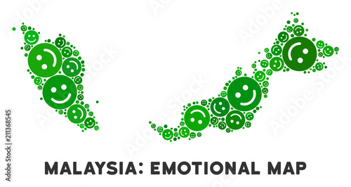 Happiness Malaysia map composition of smileys in green variations. Positive thinking vector concept. Malaysia map is made from green positive icons. Abstract geographic plan.
