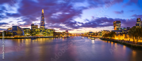  London skyline with reflections at sunset, England