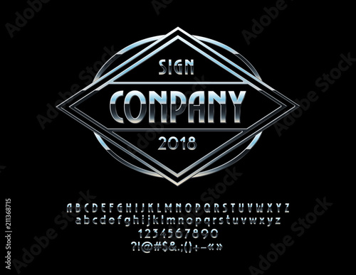 Vector shiny glossy Silver Emblem. Set of Chrome Alphabet Letters, Numbers and punctuation Symbols