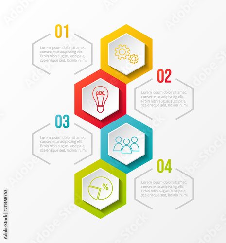 Hexagonal infographic with colourful business icons. Vector.