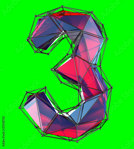 Number 3 three in low poly style red color isolated on green background. 3d