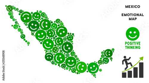 Joy Mexico map mosaic of smileys in green tints. Positive thinking vector template. Mexico map is designed with green positive icons. Abstract territorial plan.