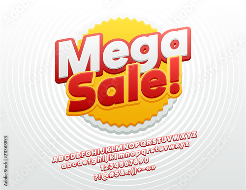 Vector Bright Mega Sale Logo. Sticker Font. Trendy Alphabet Letters, Numbers and Symbols