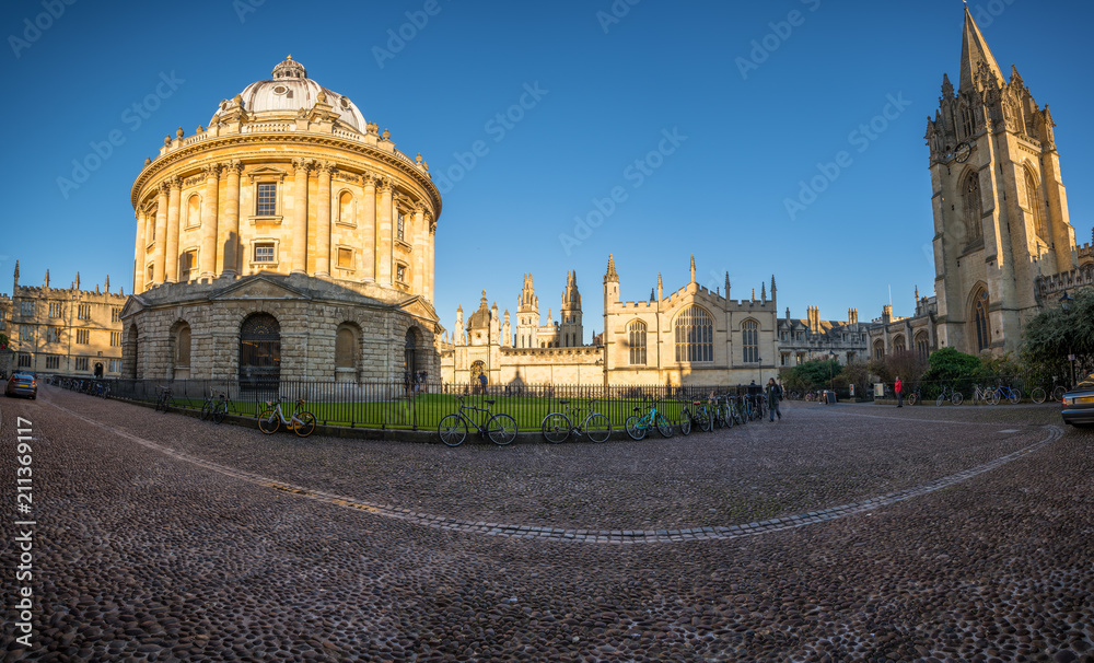 Oxford city panorama of Radcliffe square with library and St. Marys church