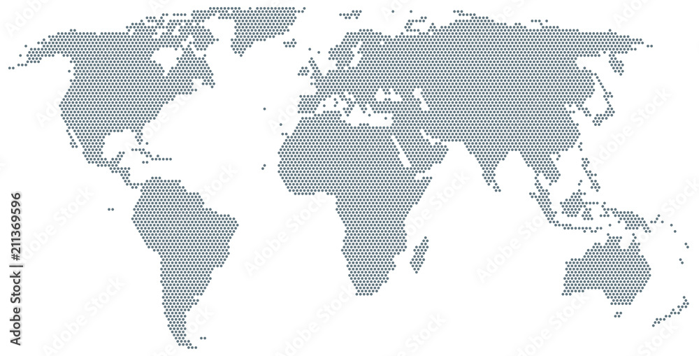 Naklejka premium Map of the world made of gray dots. Dotted silhouette, outline and surface of the Earth under Robinson projection. Dots in a row. Isolated illustration on white background. Vector.