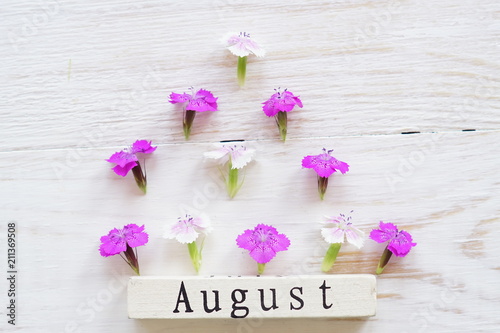 top view of wooden calendar with August sign and pink flowers.