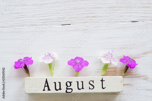 top view of wooden calendar with August sign and pink flowers.