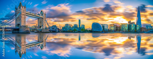 Sunset panorama of Tower Bridge with reflections in London, UK