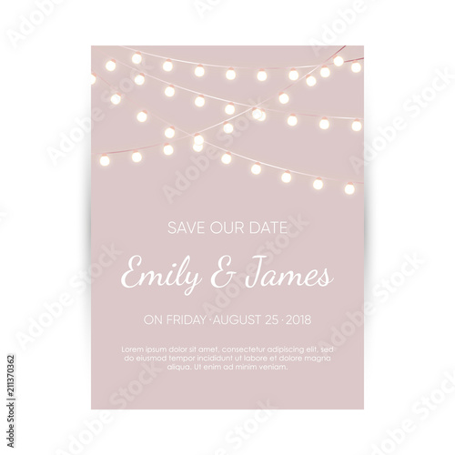 Wedding invitation card. Elegant design template with lights garland and space for text. Vector cover.