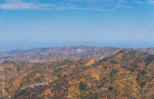 beautiful view of the mountains in the region of Andalusia, houses and farmland on the slopes of mountains