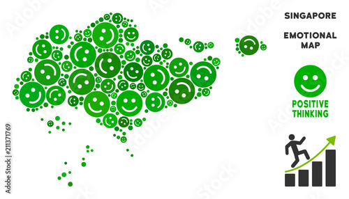 Joy Singapore map composition of smile emojis in green tints. Positive thinking vector concept. Singapore map is shaped with green positive emotion symbols. Abstract territory scheme.