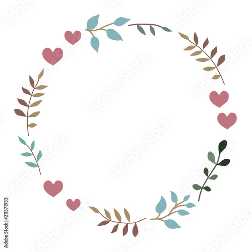 Doodle heart and leaf circle frame on a black background. Wreath of leaves. Ready template for design, postcards, printing.