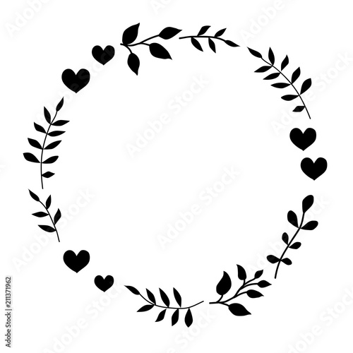 Doodle monochrome heart and leaf circle frame on a black background. Wreath of leaves. Ready template for design, postcards, printing.