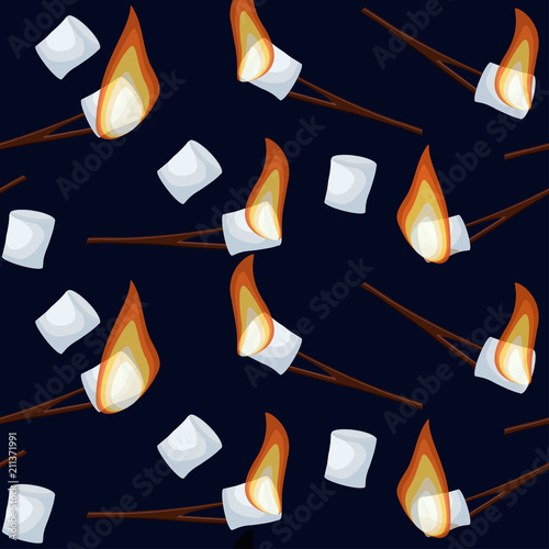 Roasting marshmallows seamless pattern isolated on dark blue night sky background.
