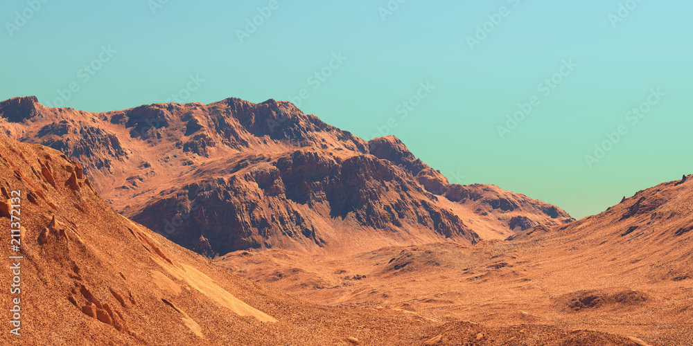 Mars landscape, 3d render of imaginary mars planet terrain, science fiction illustration.