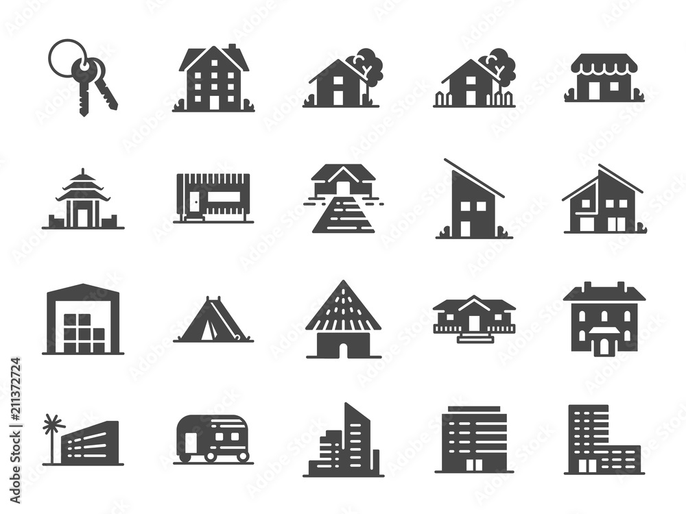 Property icon set. Included icons as hotel, house, home, resort, city, accommodations, travel and more.