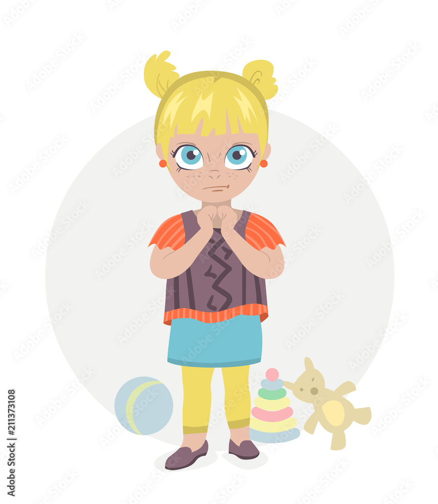Little girl with big eyes that holding hands together, some toys on background