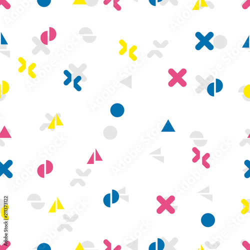 Abstract seamless colorful pattern made of different geometric shapes such as triangle, cross, circle