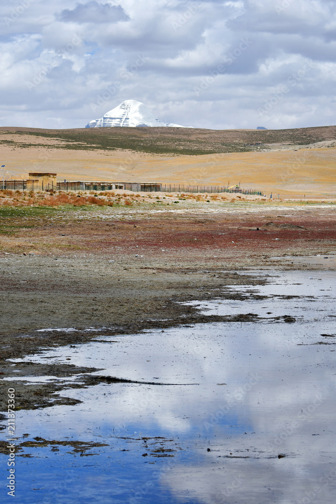 The top of mount Kailas from the side of Manasarovar lake. Tibet, China