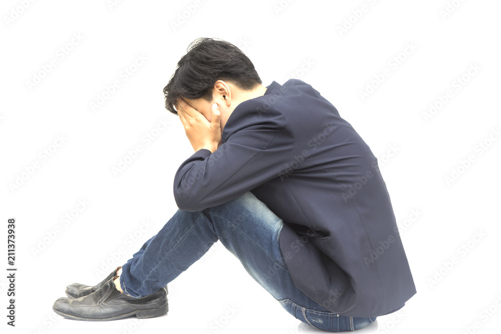 Broken heart because of unrequited love, causing a man to shut himself on white background. Broken heart because of unrequited love, causing a man to shut himself on white background.