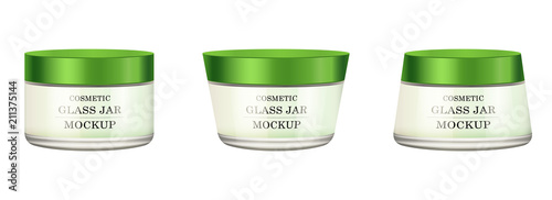 Realistic white glass jar with green plastic lid for cosmetics - body cream, butter, scrub, bath salt, gel, skin care, powder. Premium product. Package template. Vector mock up.
