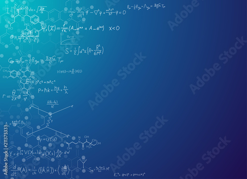 Science abstract background with formulas. Real string theory and relativity physics formulas on gradient background with chemical skeletal formula of molecules. Scientific banner for text placement.