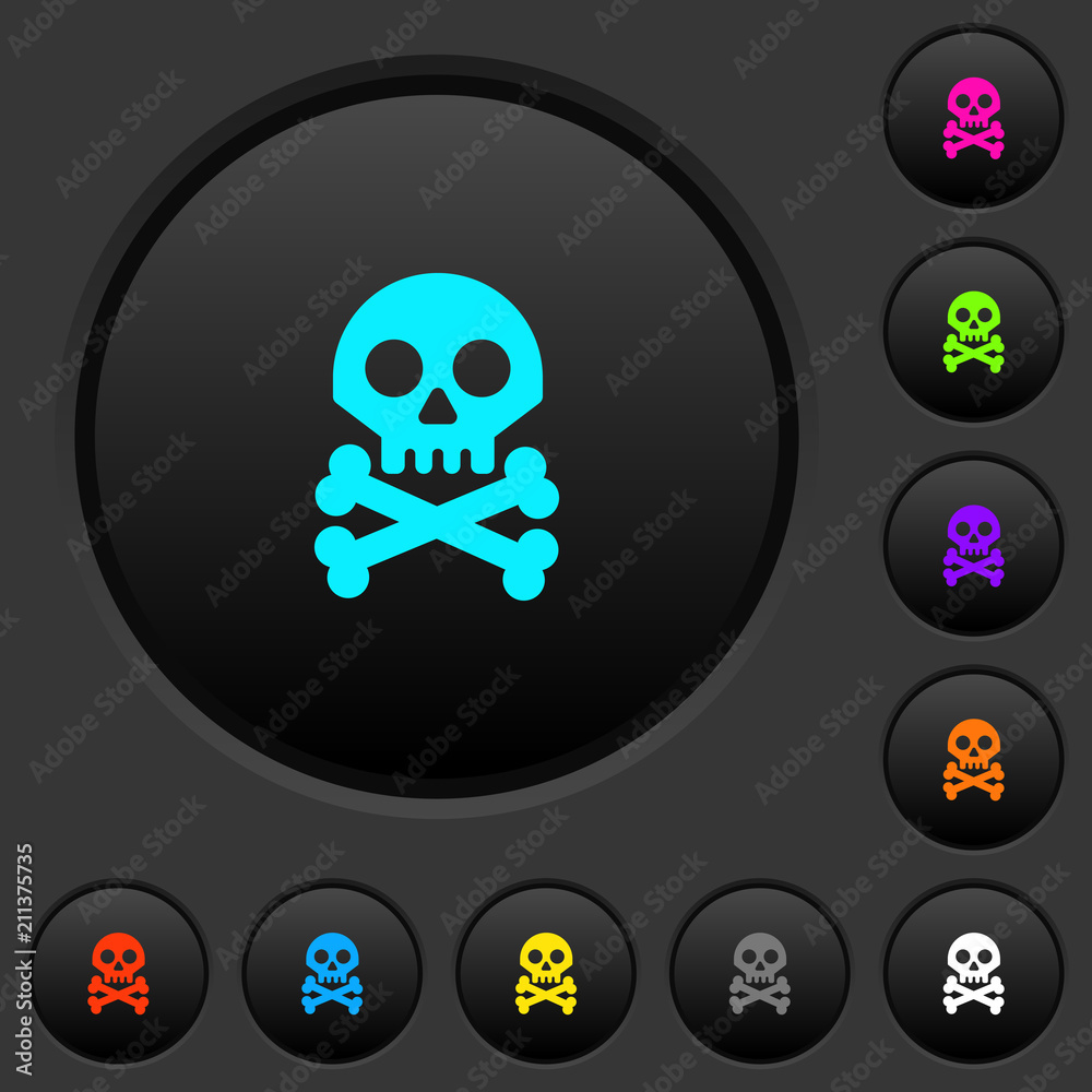 Skull with bones dark push buttons with color icons Skull with bones dark push buttons with color icons