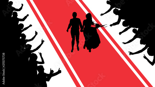 Crowd of cheerful fans, people are applauding celebrities. Red carpet. Silhouette vector