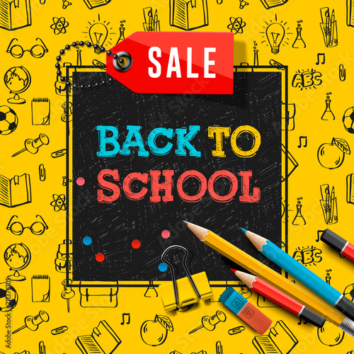 Back to school sale poster and banner with colorful title and elements in black and yellow background for retail marketing promotion and education related, vector illustration.