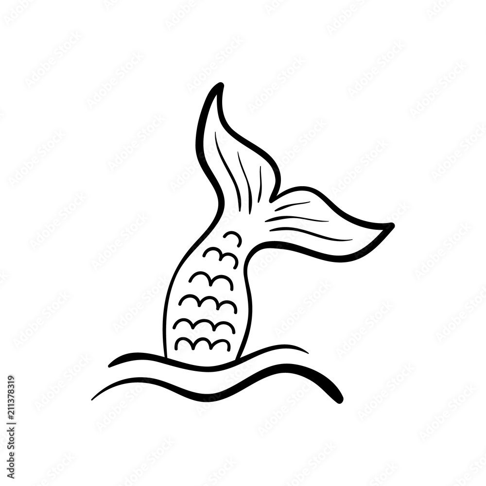 Mermaid tail in sea waves, vector hand drawn illustration, black outlined mermaid  fish tail, isolated on white background. Stock Vector