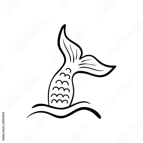 Mermaid tail in sea waves, vector hand drawn illustration, black outlined mermaid fish tail, isolated on white background.