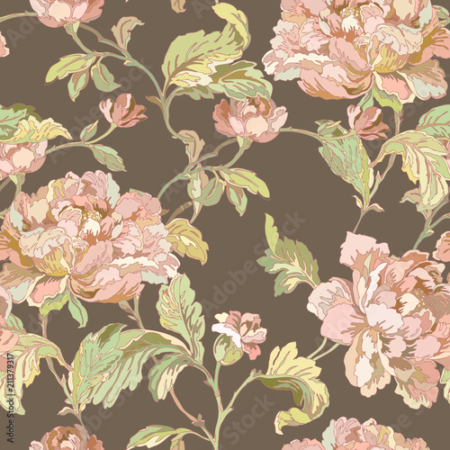 Seamless pattern with poppy, Peonies or roses flowers