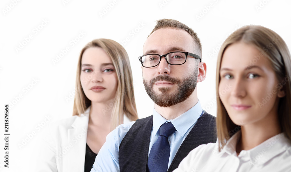 Team of business and office workers, close-up on a white background. Team of business and office workers, close-up on a white background.