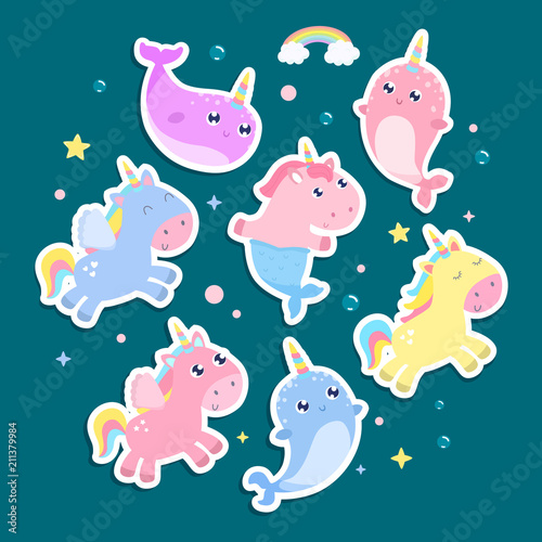 Magical creatures. Narwhal, unicorn mermaid, pegasus stickers vector illustration