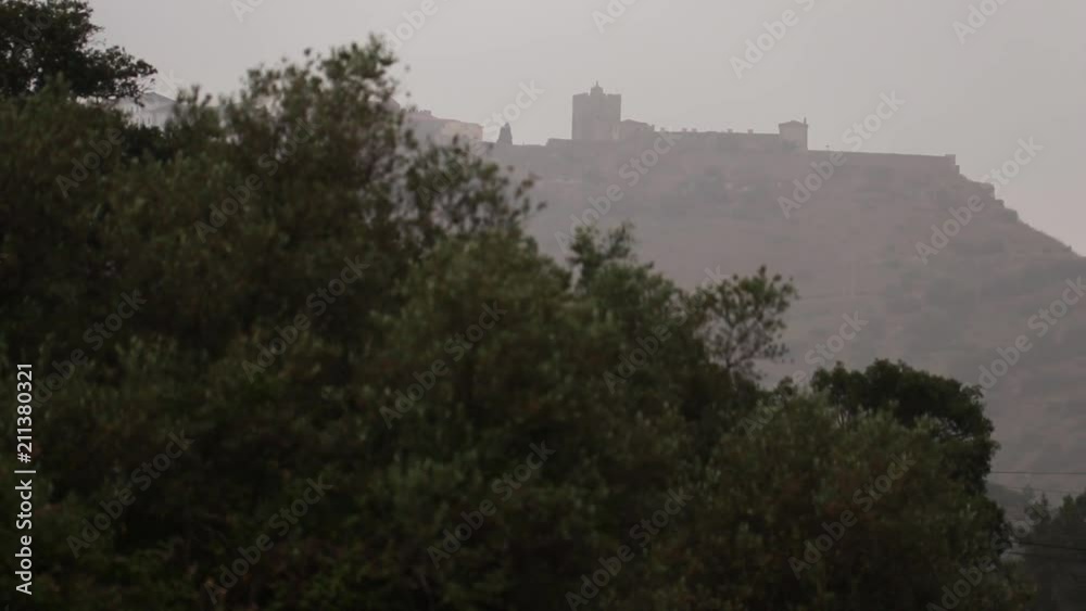 We are in the field, far away from the city. We can see an old castle in a mountain from behind the bush on a cloudy day. We are in the field, far away from the city. We can see an old castle in a mountain from behind the bush on a cloudy day.