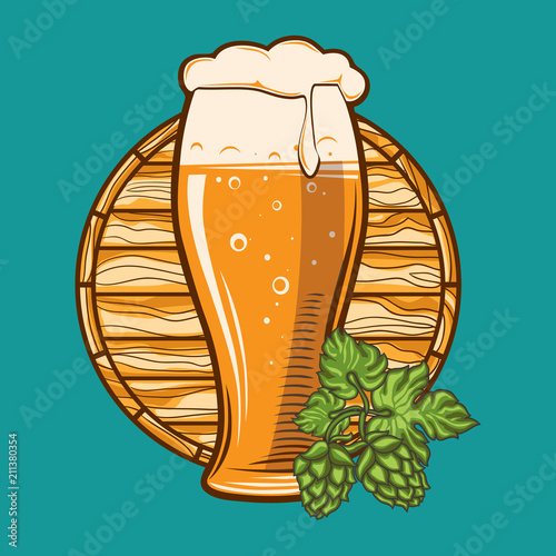 Glass of beer with hop and barrel