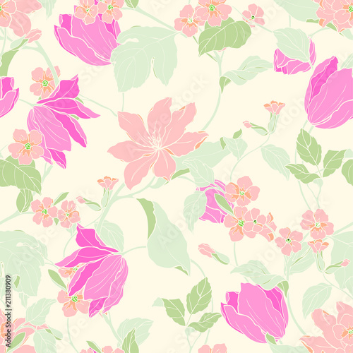 Seamless pattern with flowers magnolia and tulips © polina21