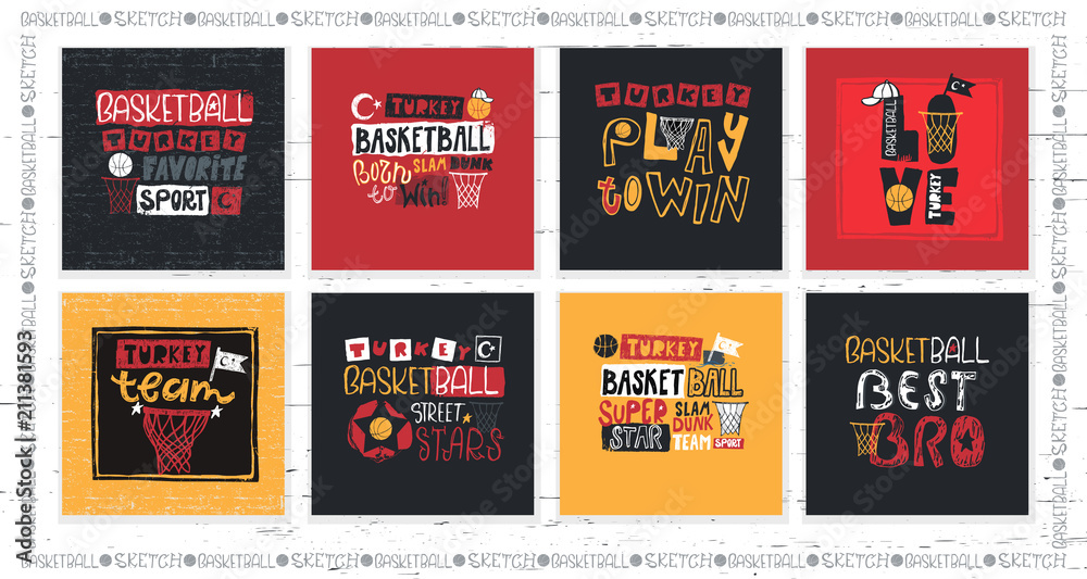 Naklejka premium Set of vector illustrations for Turkish basketball. Motivation quotes, phrases. Sport fashion print for t shirt, text born to win, play to win. Handwritten Modern lettering, hand drawing, symbol.