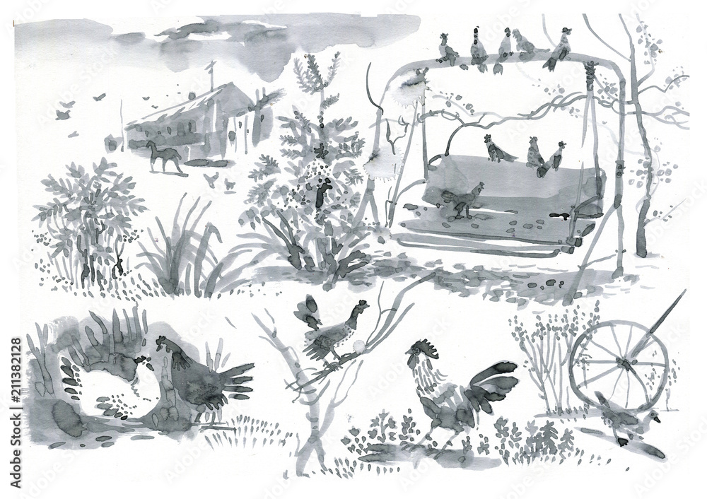 Obraz premium watercolor sketches, chickens, garden