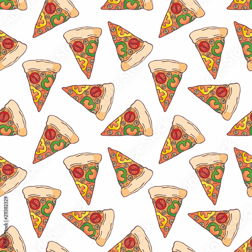 Seamless pattern in doodle style with the image of a sliced pizza. Vector background.