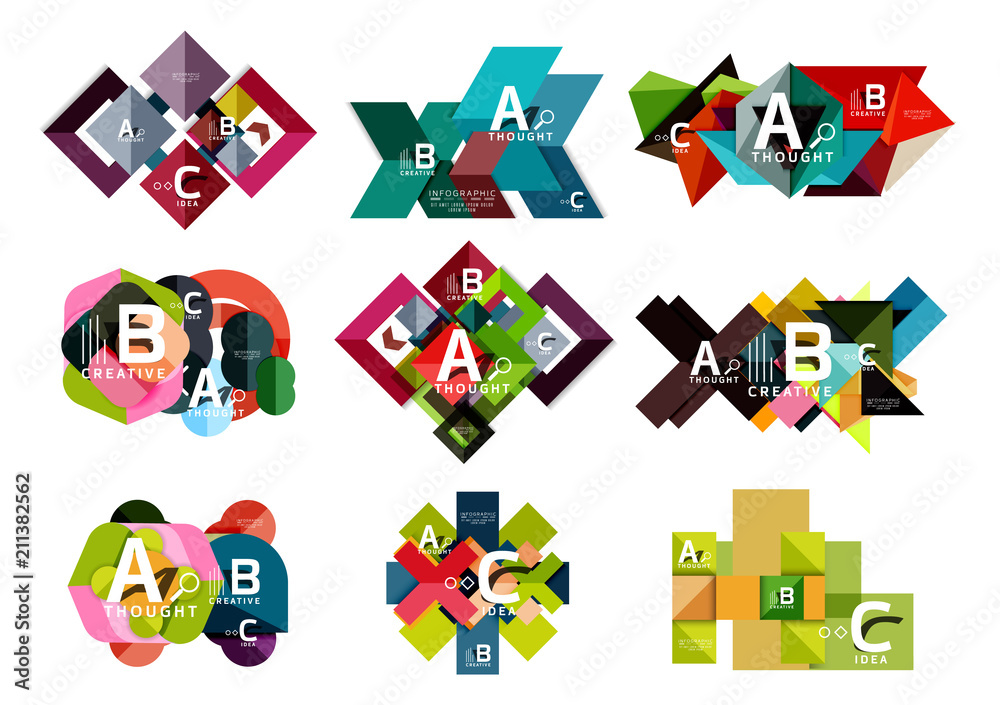 Collection of paper geometric infographics, a b c process options, presentation layouts