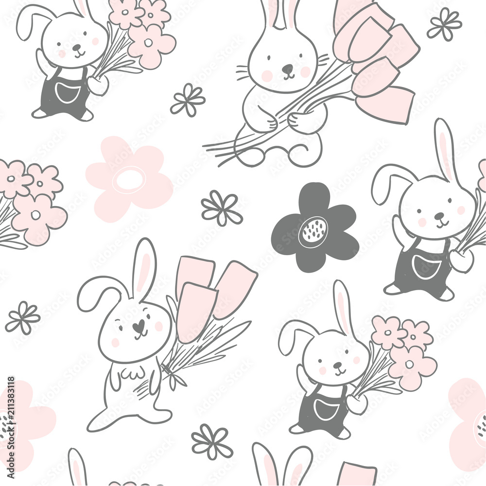 Seamless pattern with cute bunnies with flowers