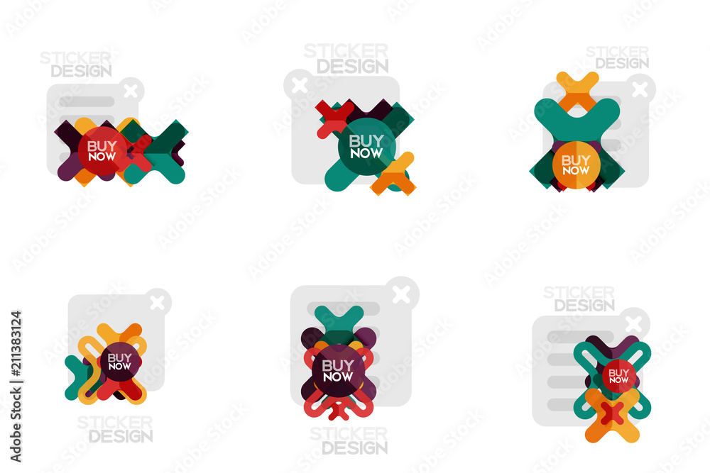 Fototapeta premium Set of flat design geometric stickers and labels, price tags, offer promotion badges, icon designs, paper style with buy now sample text, for business or web presentations, app or interface buttons