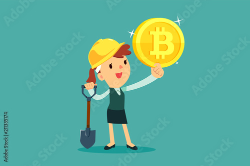 businesswoman with mining equipment holding bitcoin cryptocurrency