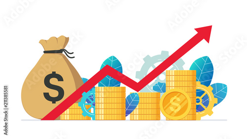 Monetary profit and growing red graph up. Economic growth, income from investments. Ð¡oncept of business success