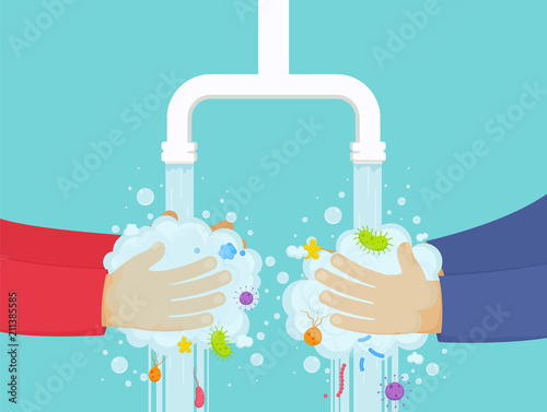 Washing hands under the faucet with soap, hygiene concept. Boy and girl wash away germs from hands.