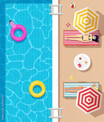 Top view, swimming pool with clear water, inflatable circles and girls dressed in swimsuits lying down on sunloungers and sunbathing. Summer time poster.