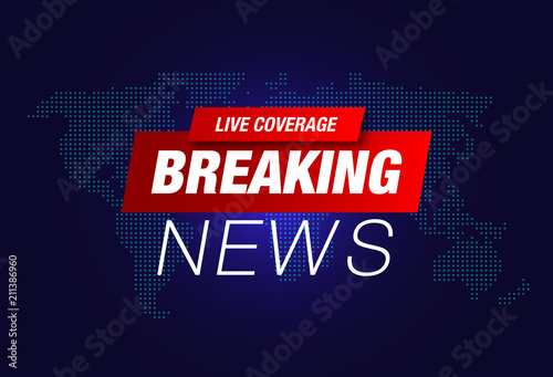 Breaking News red banner on world map blue gradient background